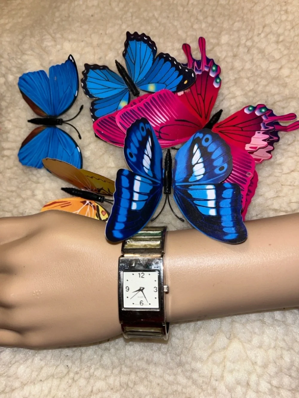 Silver Tone Women's Square Dial Watch with Blue Butterfly Accent